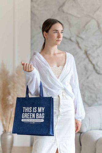 Джутовая сумка "This is my green bag" джинсово-синий