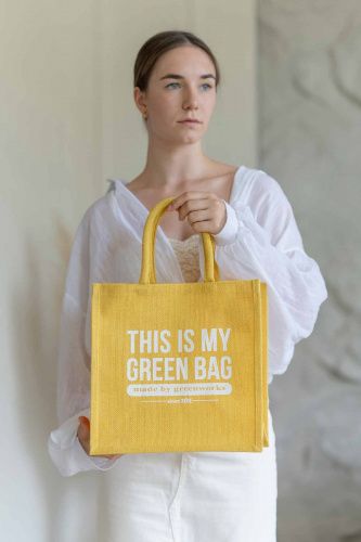 Джутовая сумка "This is my green bag" жёлтая