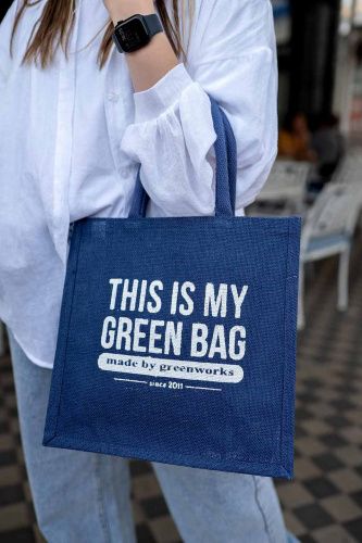 Джутовая сумка "This is my green bag" джинсово-синий