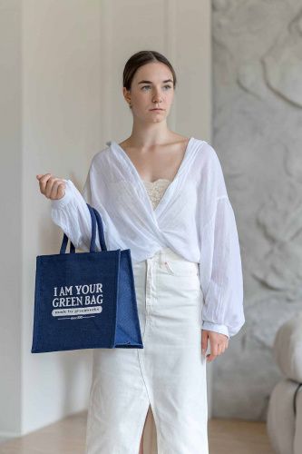 Сумка из джута "I Am Your Green Bag" джинсово-синяя
