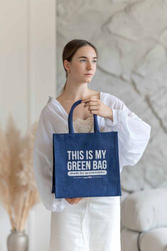 Джутовая сумка "This is my green bag" джинсово-синий