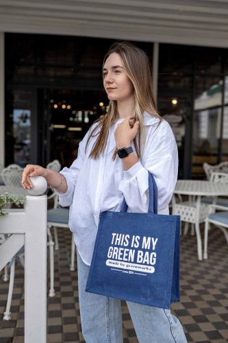Джутовая сумка "This is my green bag" джинсово-синий