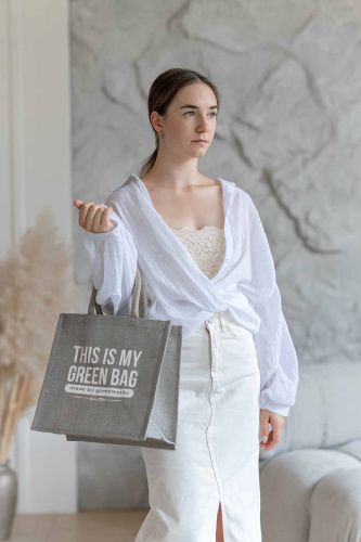 Джутовая сумка "This is my green bag" светло-серый