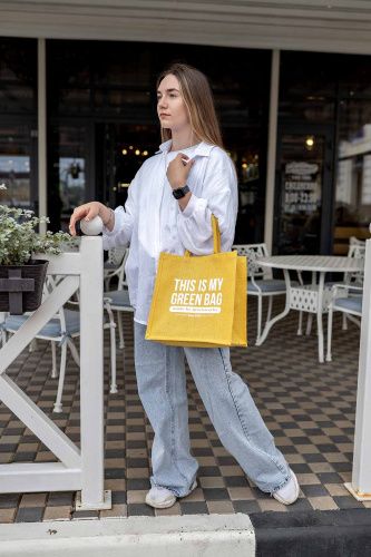 Джутовая сумка "This is my green bag" жёлтая