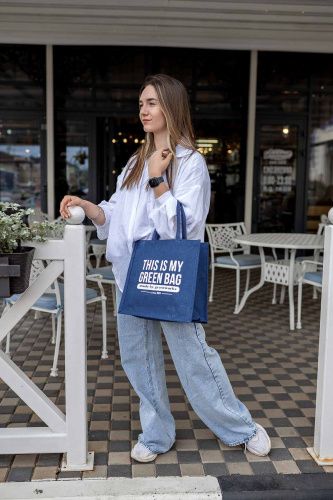 Джутовая сумка "This is my green bag" джинсово-синий